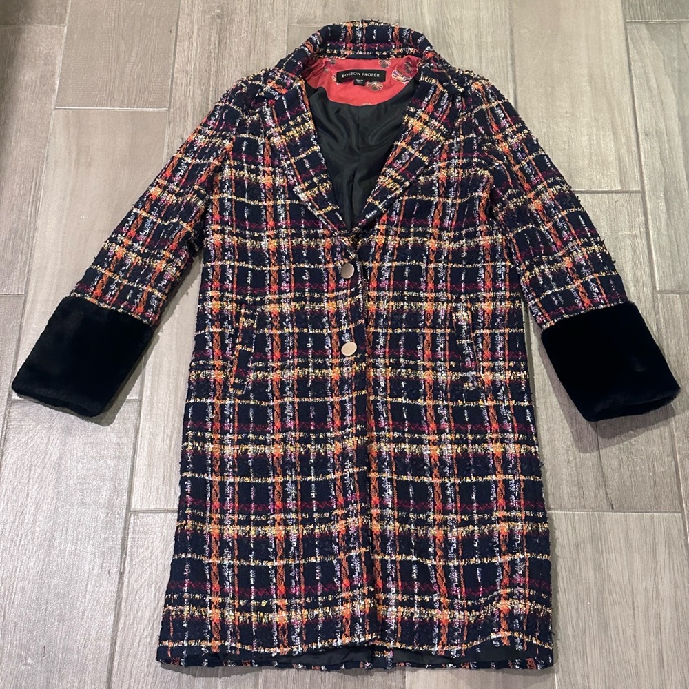 Boston Proper Navy Multi-colored Plaid Tweed Coat with Faux Fur Cuffs Size XL